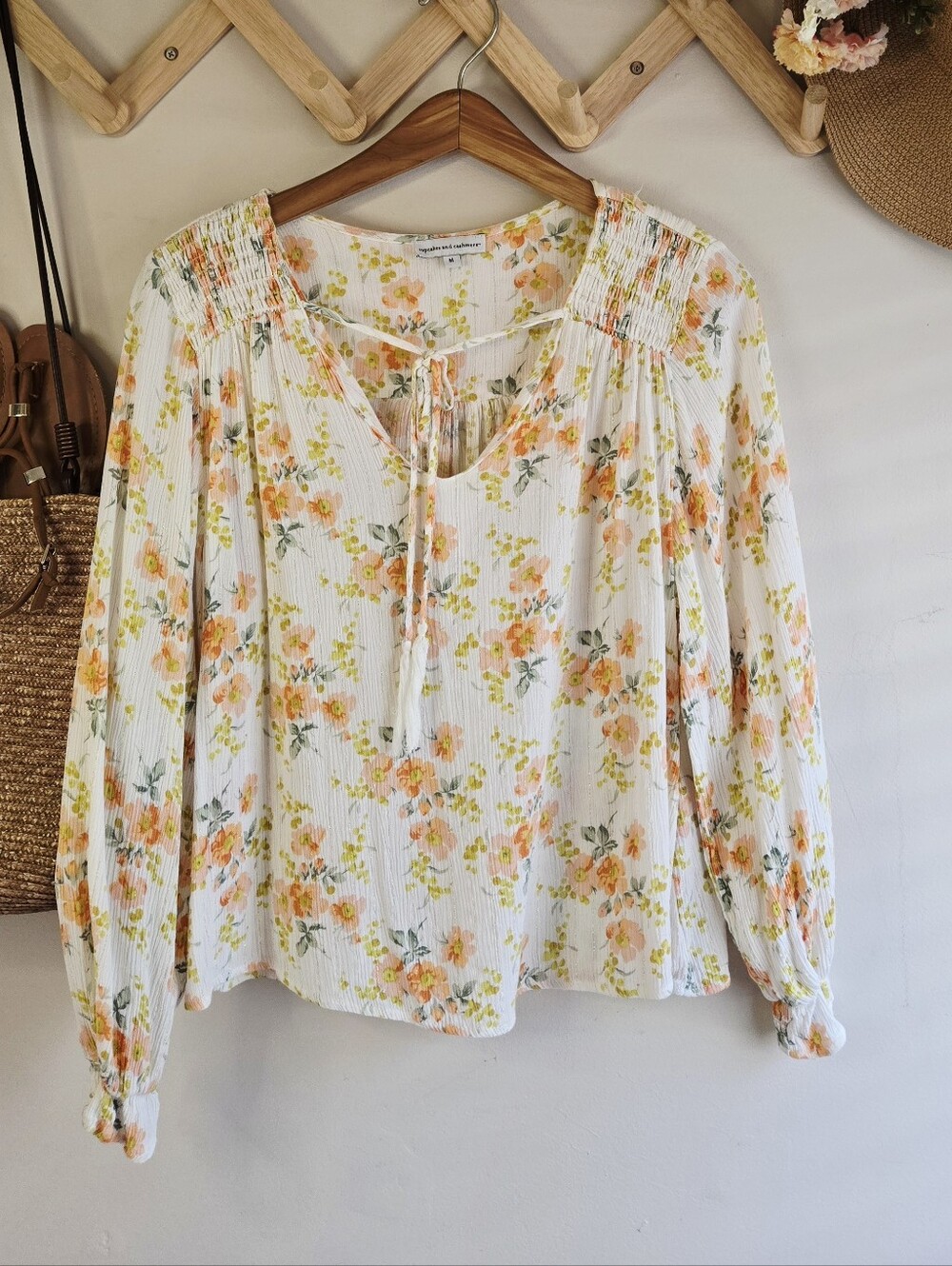 cupcakes & cashmere White Floral Peasant Blouse with Orange and Green Print